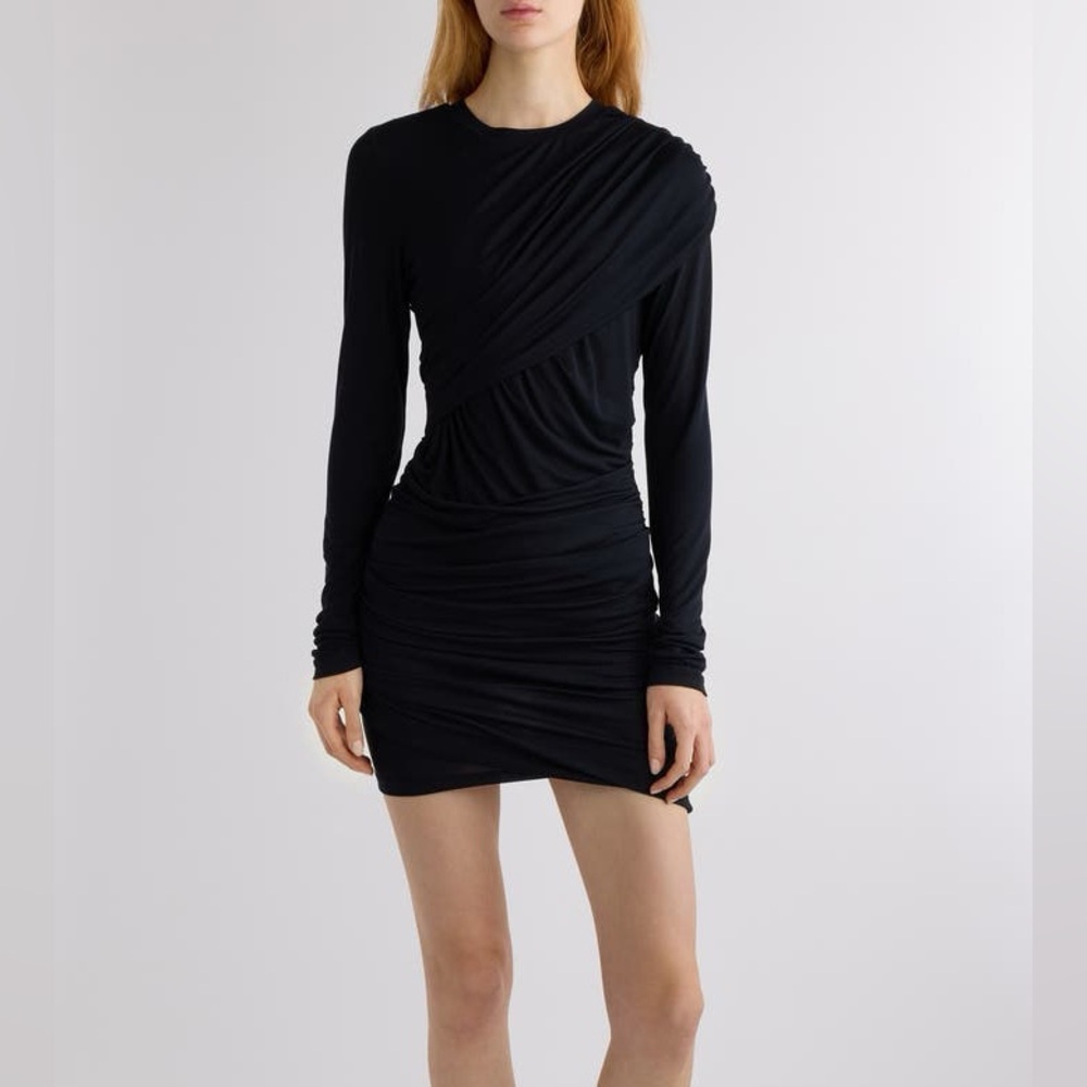 Isabel Marant Denise Shirred Long Sleeve Body-Con Minidress Black Size 2 NWT